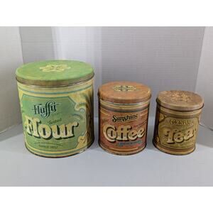 Vtg Ballonoff Fluffy Brand Flour Sunshine Coffee Golden Leaf Tea Canister Tins